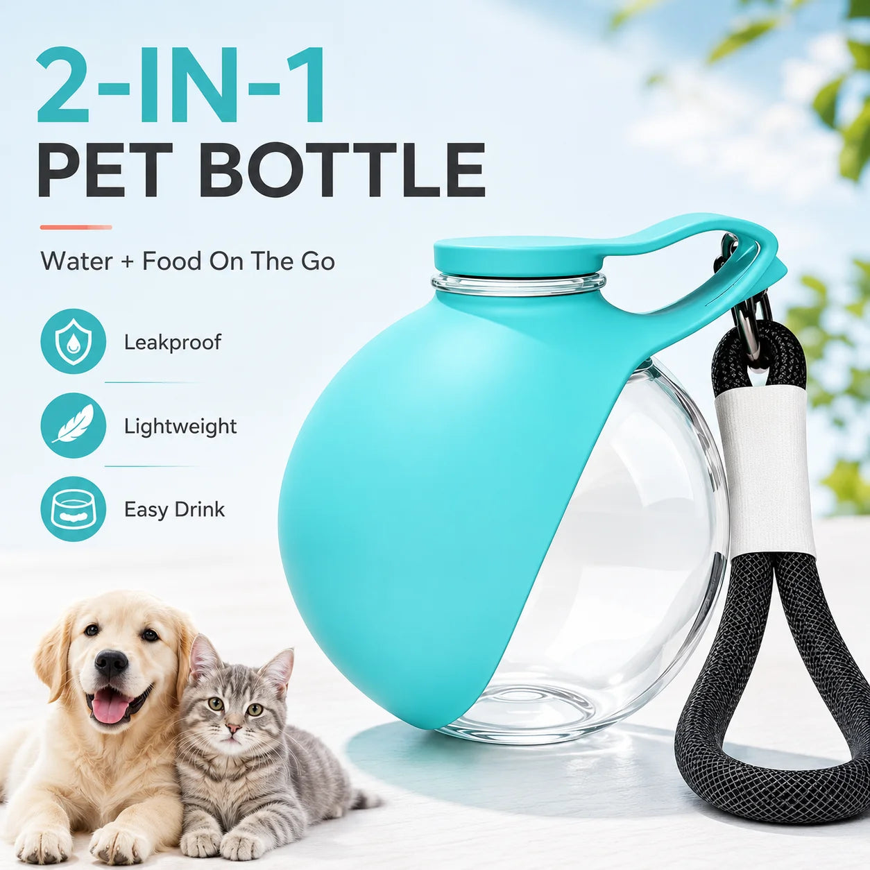 2 in 1 Dog Water Bottle with Poop Bag Dispenser Set Foldable Silicone Bowl Leak Proof Lanyard Travel Pet Feeding Kit Combo